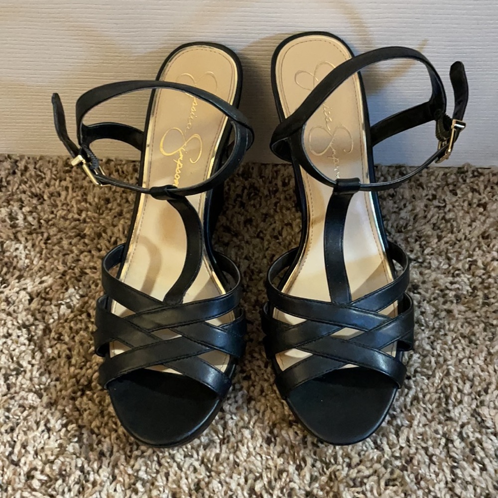 Black Jessica Simpson T Strap Wedge Sandals